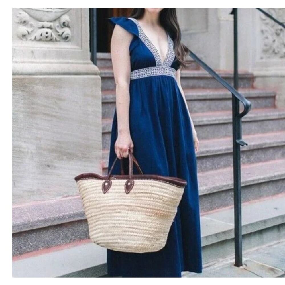 J Crew Sz XS Ruffle Halter Dress Navy Linen Maxi Preppy Boho Prairie Vacation